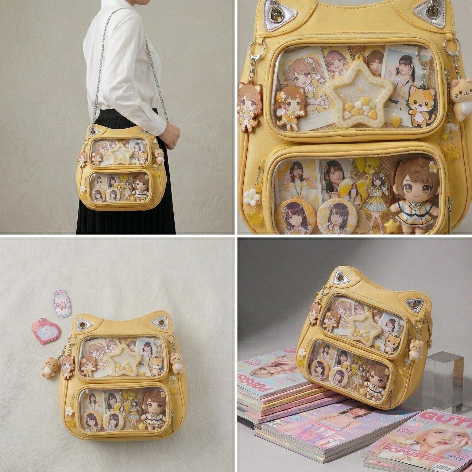 Large Yellow Kawaii Y2K Ita Backpack with Clear Window for Photocards and Pins Large Yellow Kawaii Y2K Ita Backpack with Clear Window for Photocards and Pins