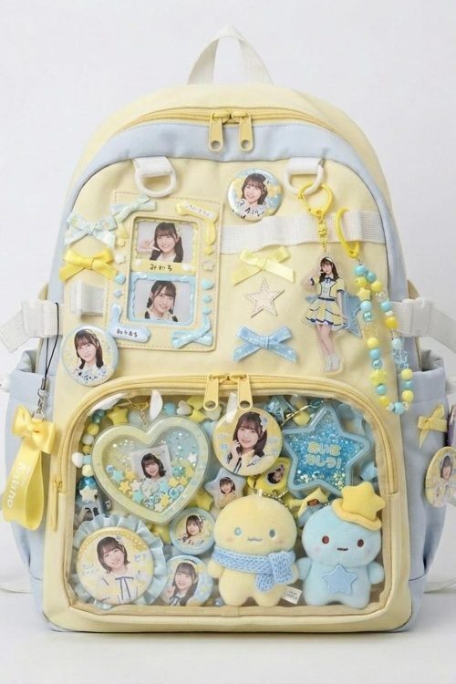 Large Yellow Kawaii Y2K Ita Backpack with Clear Window for Photocards and Pins