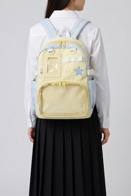 Large Yellow Kawaii Y2K Ita Backpack with Clear Window for Photocards and Pins