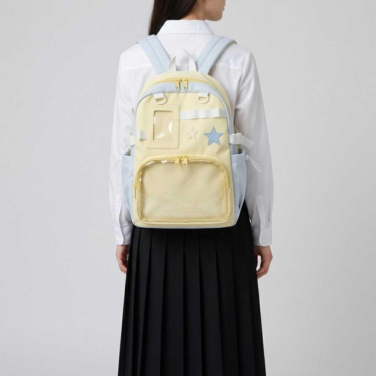 Large Yellow Kawaii Y2K Ita Backpack with Clear Window for Photocards and Pins Large Yellow Kawaii Y2K Ita Backpack with Clear Window for Photocards and Pins