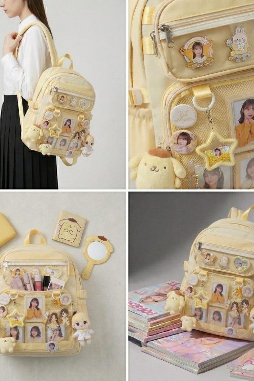 Large Yellow Kawaii Y2K Ita Backpack with Clear Window for Photocards and Pins