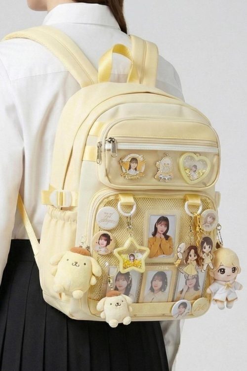 Large Yellow Kawaii Y2K Ita Backpack with Clear Window for Photocards and Pins