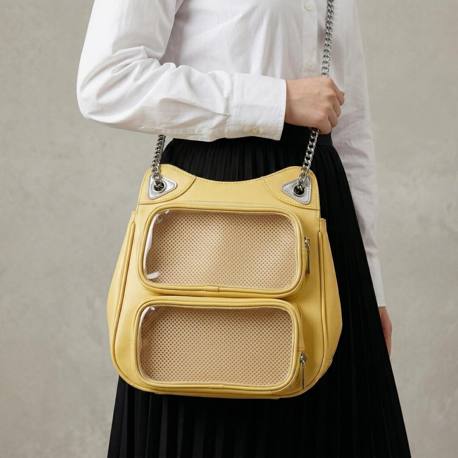 Large Yellow Kawaii Y2K Ita Backpack with Clear Window for Photocards and Pins Large Yellow Kawaii Y2K Ita Backpack with Clear Window for Photocards and Pins