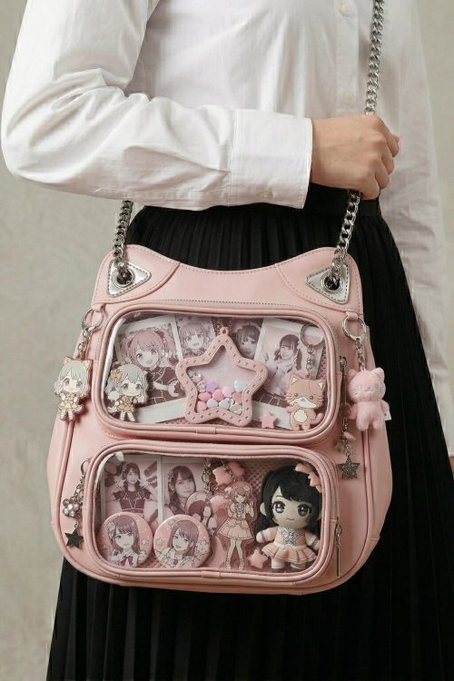 Large Yellow Kawaii Y2K Ita Backpack with Clear Window for Photocards and Pins