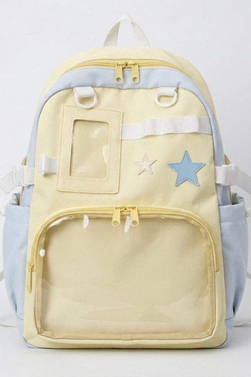 Large Yellow Kawaii Y2K Ita Backpack with Clear Window for Photocards and Pins