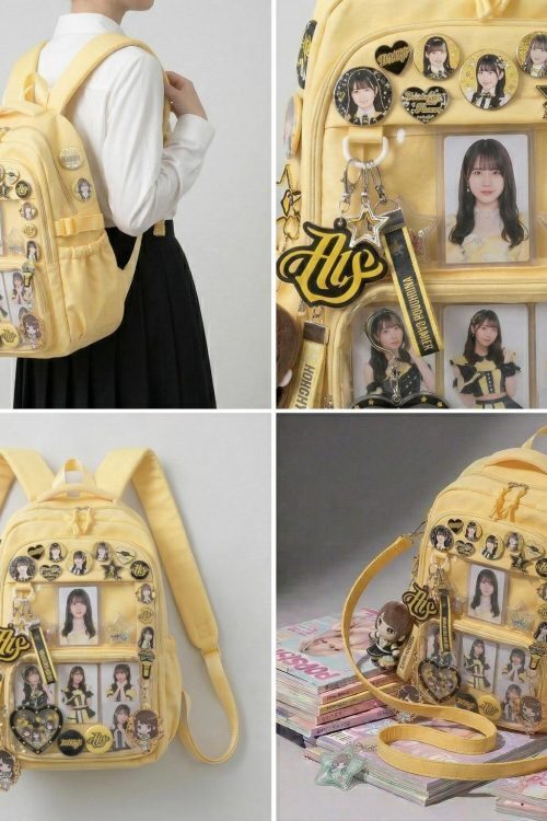 Large Yellow Kawaii Y2K Ita Backpack with Clear Window for Photocards and Pins