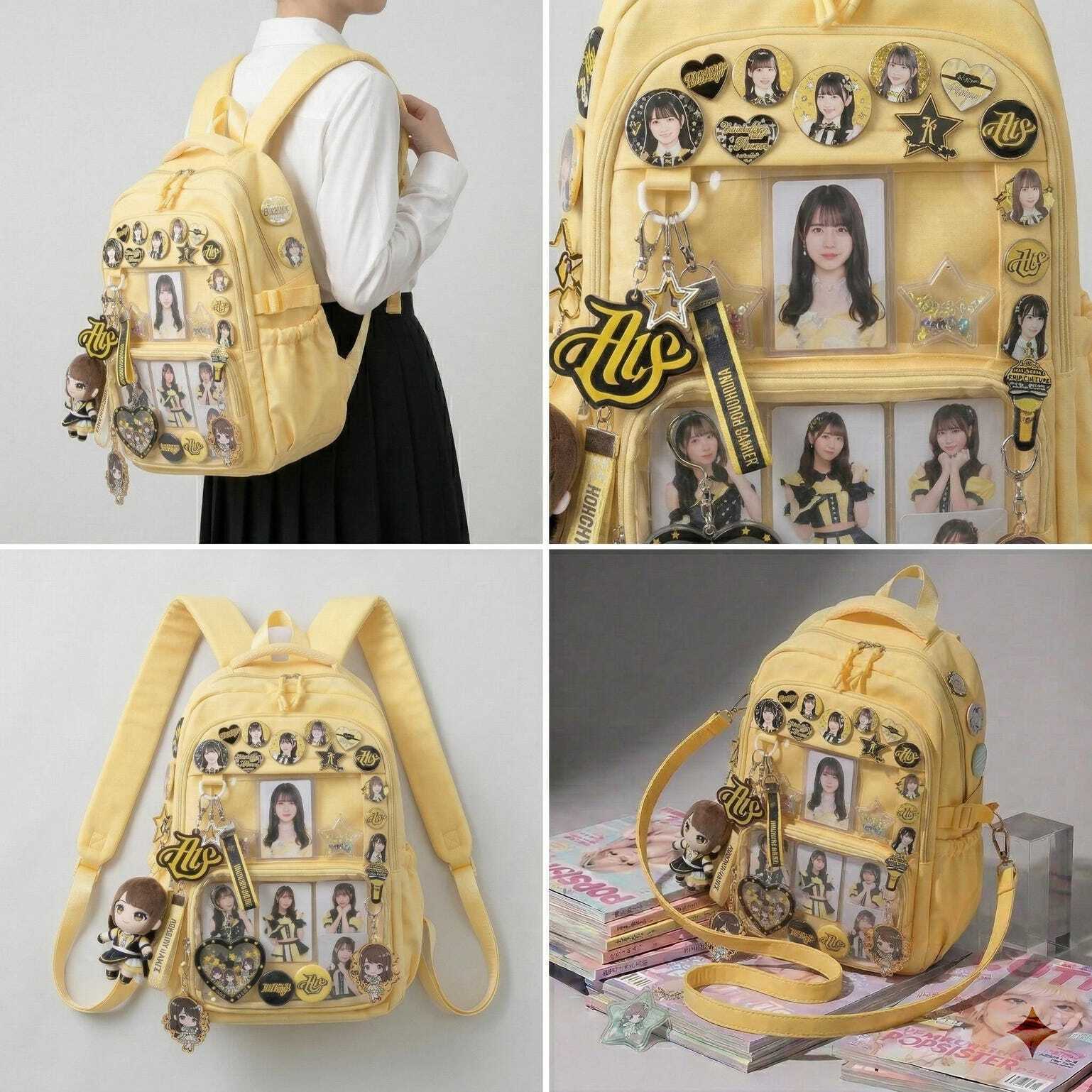 Large Yellow Kawaii Y2K Ita Backpack with Clear Window for Photocards and Pins Large Yellow Kawaii Y2K Ita Backpack with Clear Window for Photocards and Pins