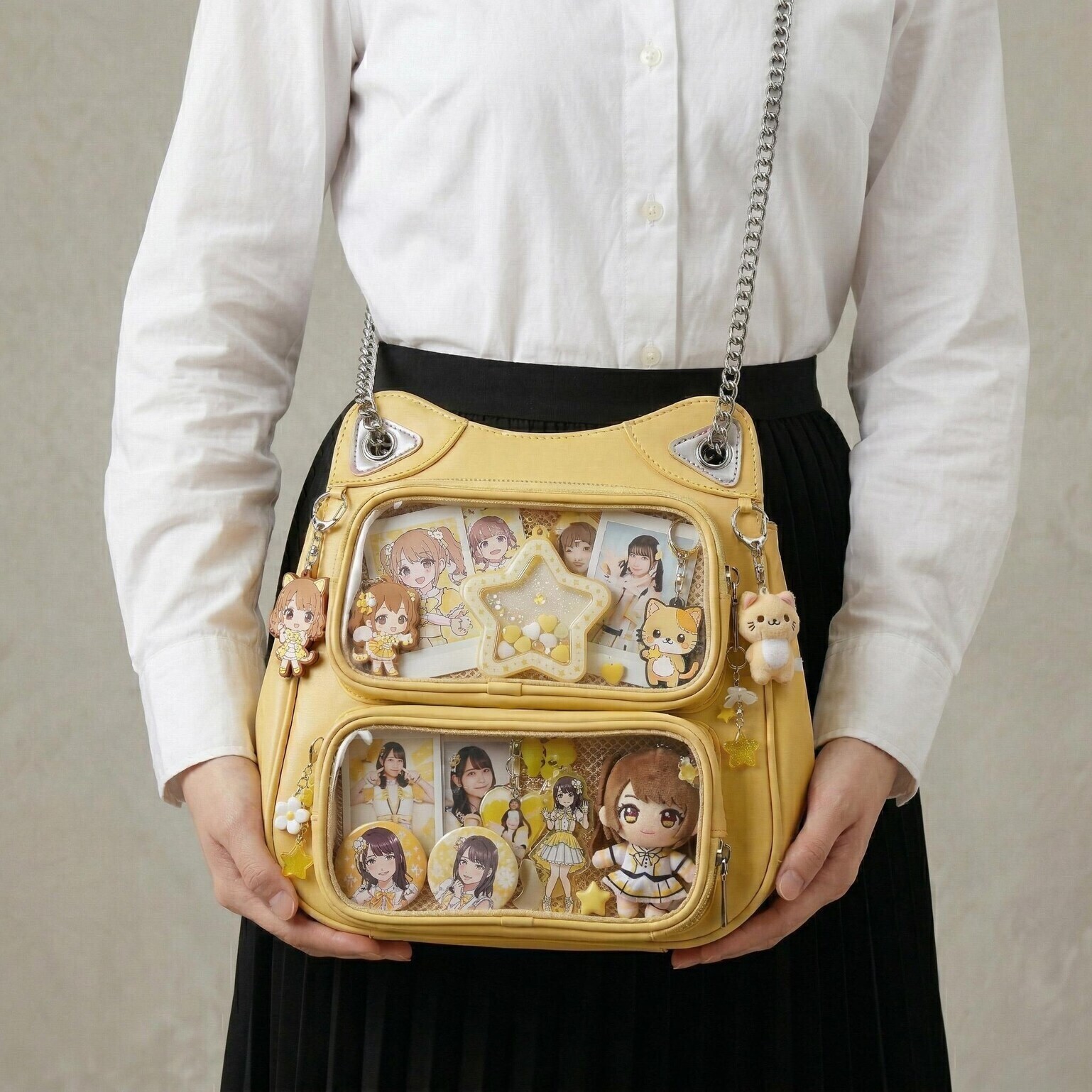 Large Yellow Kawaii Y2K Ita Backpack with Clear Window for Photocards and Pins Large Yellow Kawaii Y2K Ita Backpack with Clear Window for Photocards and Pins