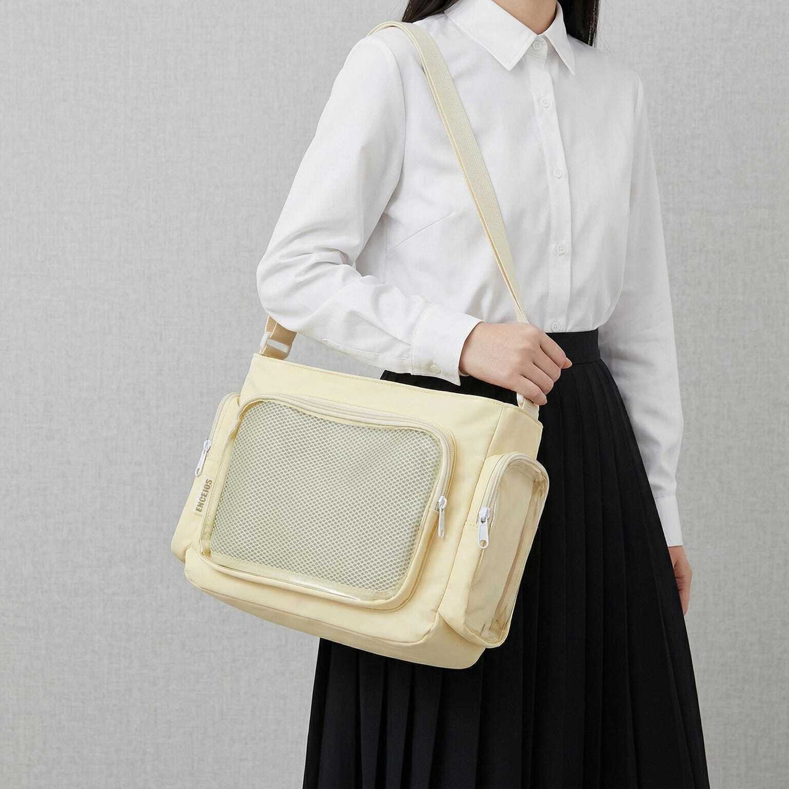 Large Yellow Kawaii Y2K Ita Backpack with Clear Window for Pin Display Large Yellow Kawaii Y2K Ita Backpack with Clear Window for Pin Display