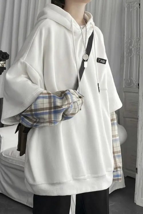 Layered Plaid Sleeve Hoodie
