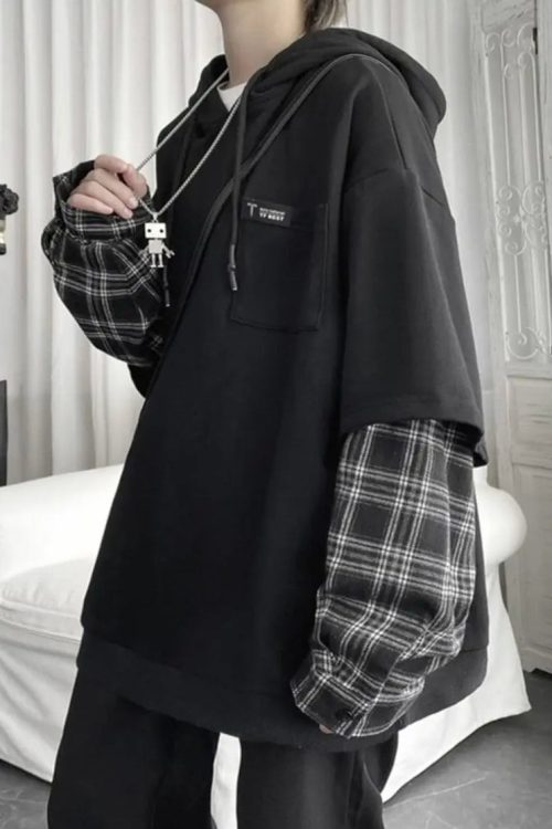 Layered Plaid Sleeve Hoodie