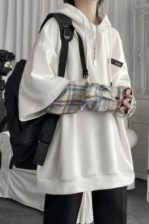 Layered Plaid Sleeve Hoodie