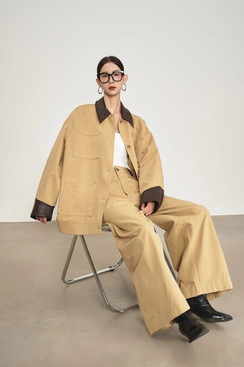 Leather Collar Pocket Shirt / Wide Pants