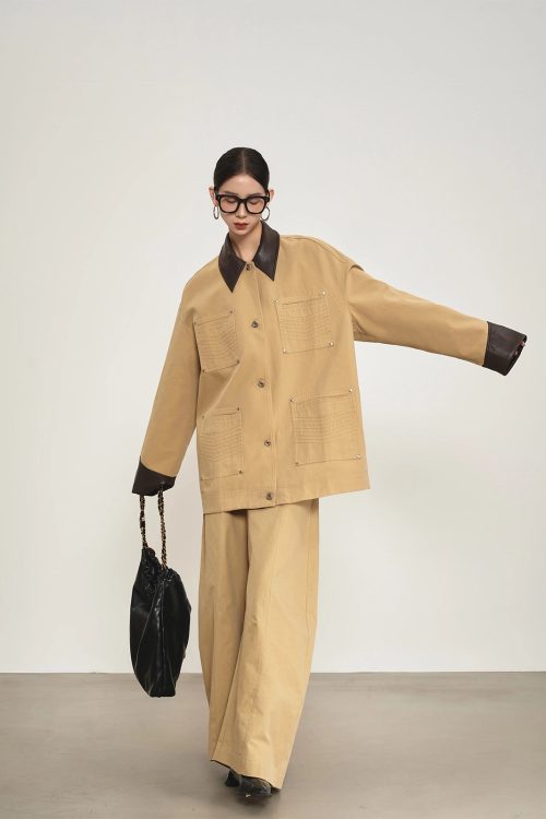 Leather Collar Pocket Shirt / Wide Pants