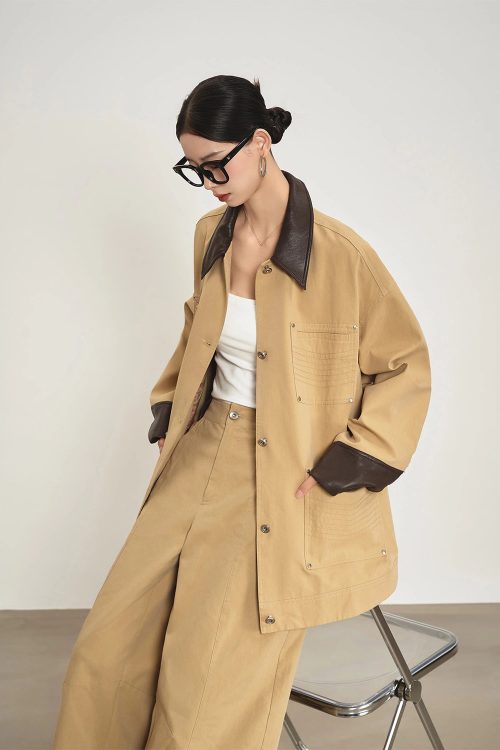 Leather Collar Pocket Shirt / Wide Pants