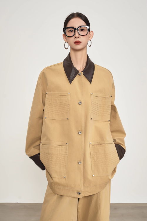 Leather Collar Pocket Shirt / Wide Pants