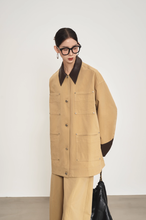 Leather Collar Pocket Shirt / Wide Pants