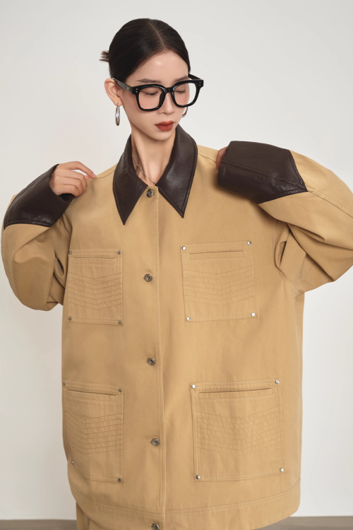 Leather Collar Pocket Shirt / Wide Pants