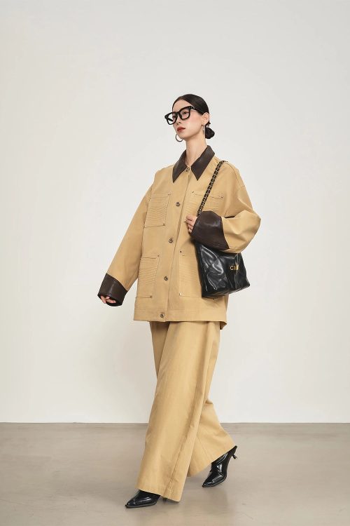 Leather Collar Pocket Shirt / Wide Pants