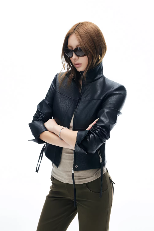 Leather Stand Collar Short Jacket