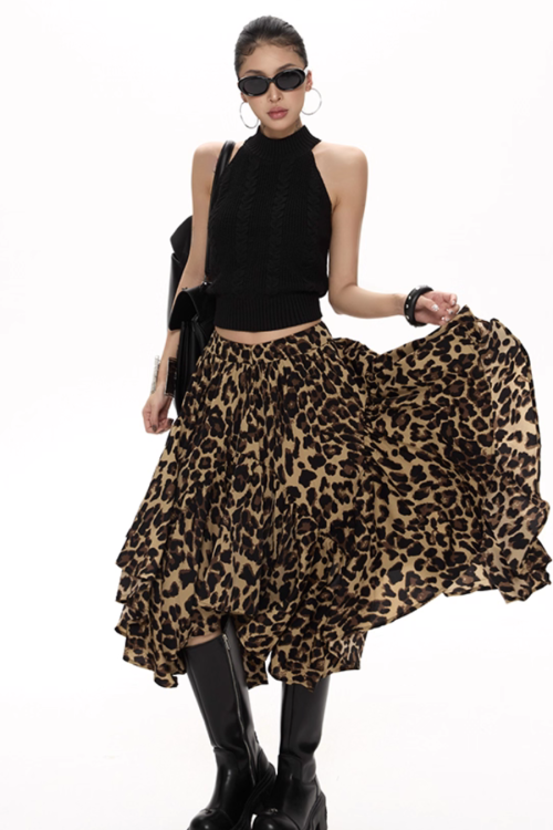 Leopard Asymmetrical Tiered Skirt