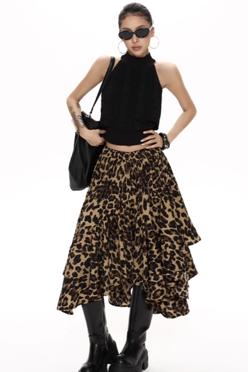 Leopard Asymmetrical Tiered Skirt