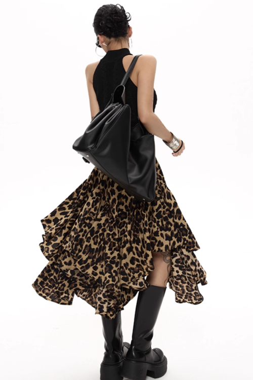 Leopard Asymmetrical Tiered Skirt