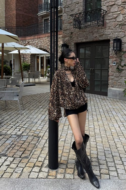 Leopard Draped Collar Chiffon Top