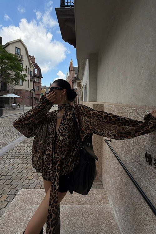 Leopard Draped Collar Chiffon Top