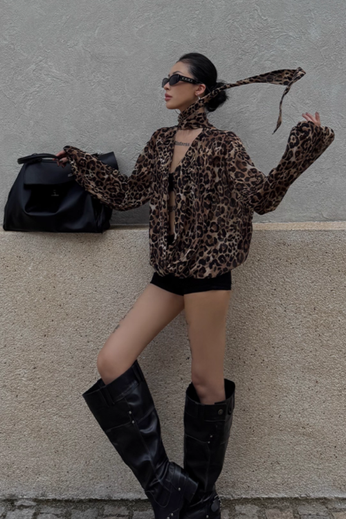 Leopard Draped Collar Chiffon Top