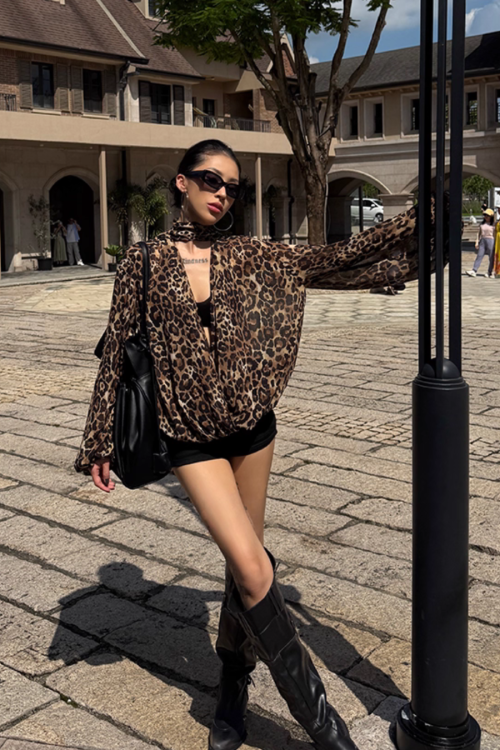 Leopard Draped Collar Chiffon Top