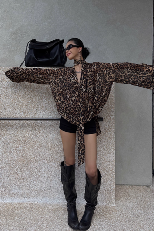 Leopard Draped Collar Chiffon Top