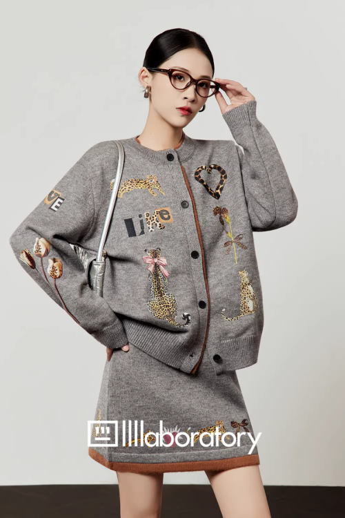 Leopard Print Gray Knit / Knit Mini Skirt