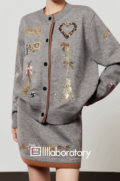 Leopard Print Gray Knit / Knit Mini Skirt