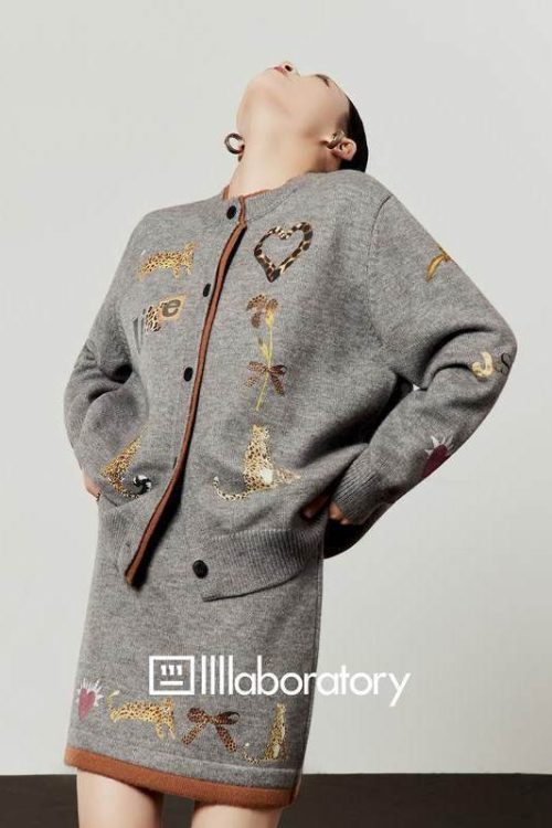 Leopard Print Gray Knit / Knit Mini Skirt