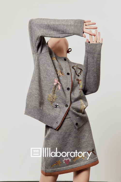 Leopard Print Gray Knit / Knit Mini Skirt