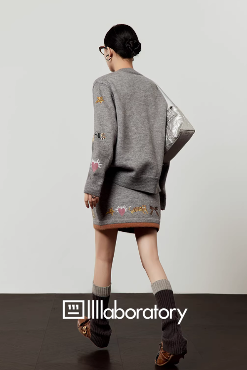 Leopard Print Gray Knit / Knit Mini Skirt