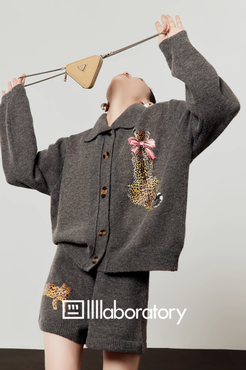 Leopard Print Knit Cardigan / Shorts