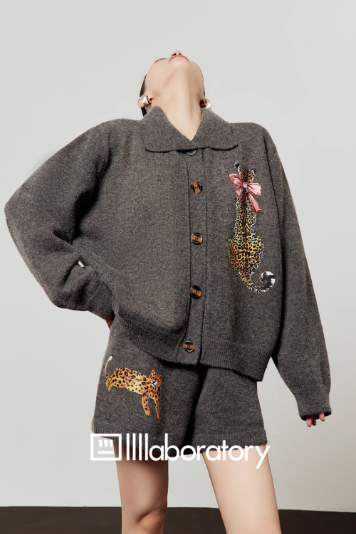 Leopard Print Knit Cardigan / Shorts