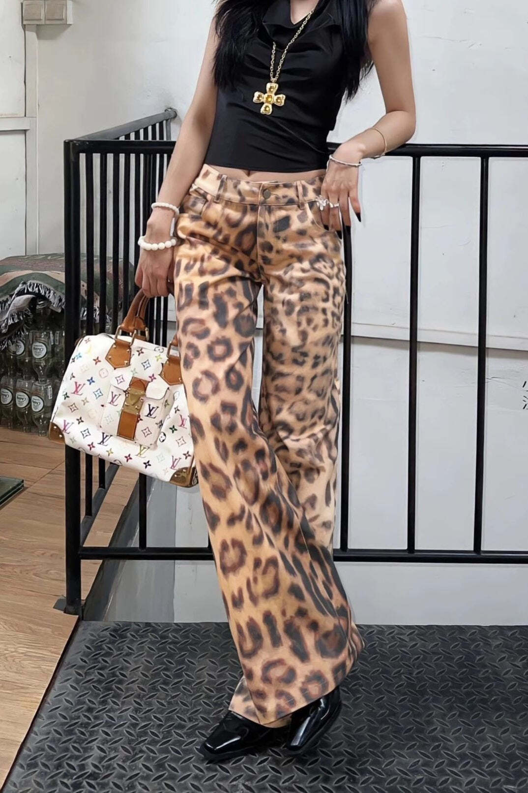Leopard Print Low Rise Wide Leg Jeans
