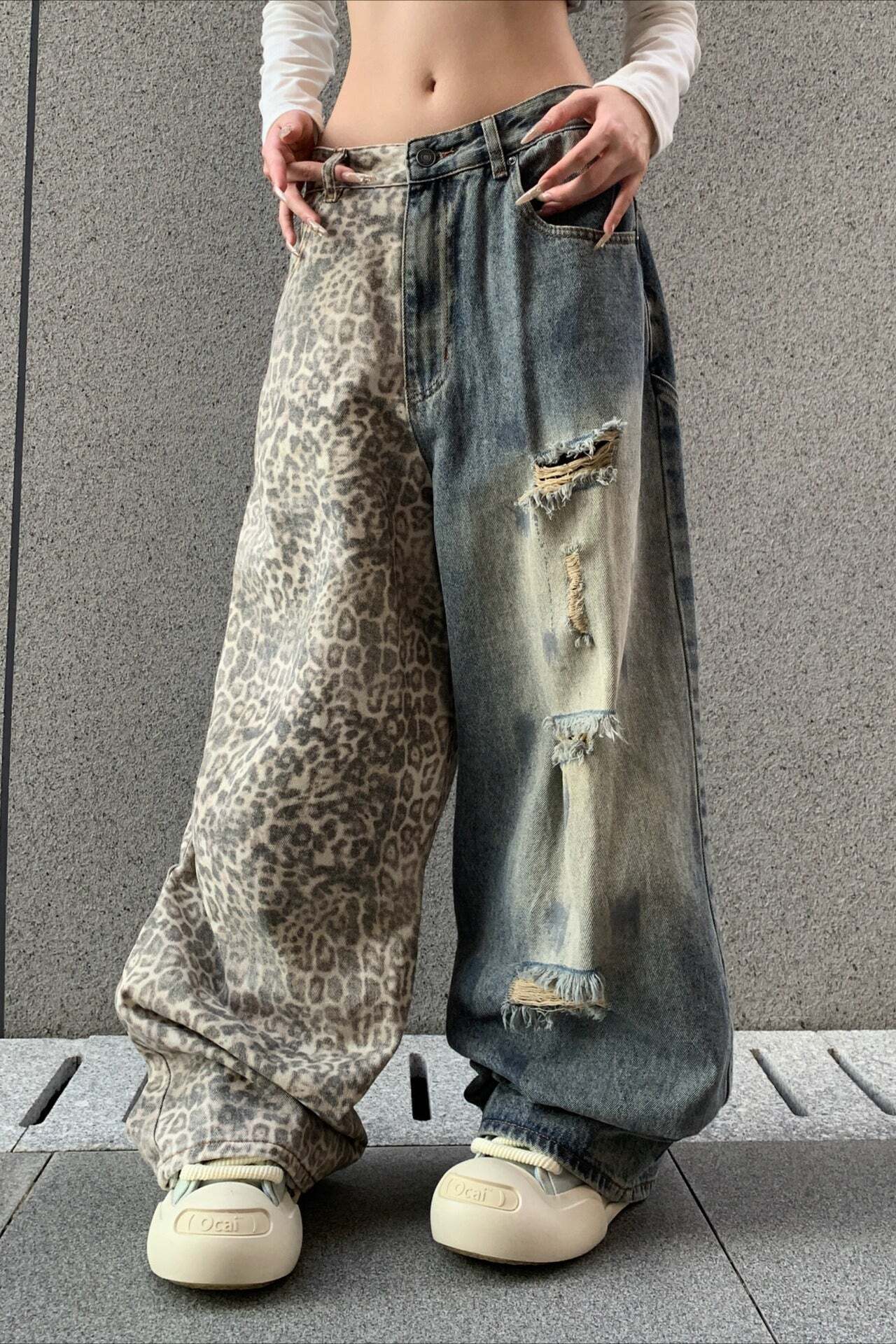 Leopard Print Ripped Wide Leg Jeans