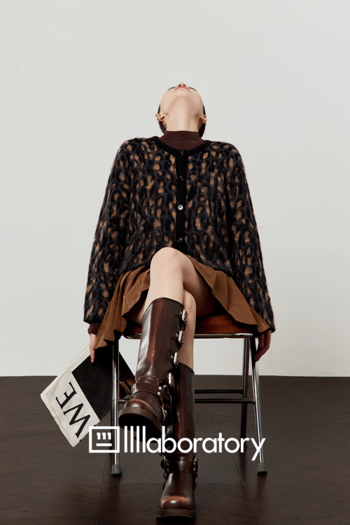 Leopard Round Neck Cardigan / Caramel Pleated Skirt