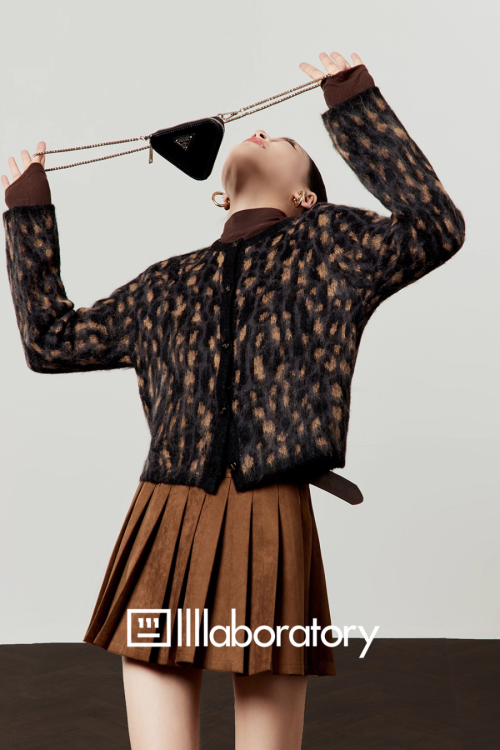 Leopard Round Neck Cardigan / Caramel Pleated Skirt