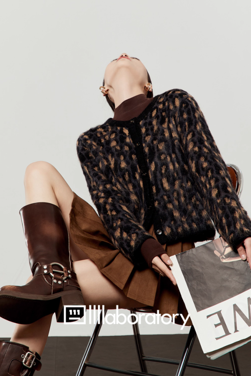 Leopard Round Neck Cardigan / Caramel Pleated Skirt