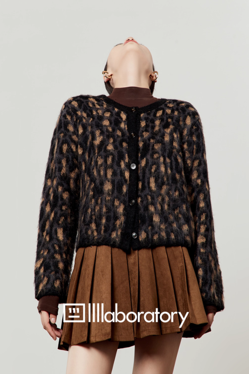 Leopard Round Neck Cardigan / Caramel Pleated Skirt