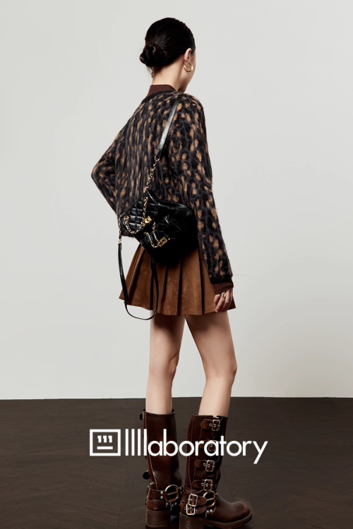 Leopard Round Neck Cardigan / Caramel Pleated Skirt