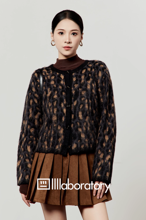Leopard Round Neck Cardigan / Caramel Pleated Skirt