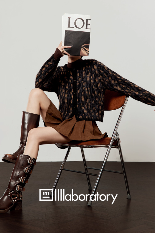 Leopard Round Neck Cardigan / Caramel Pleated Skirt