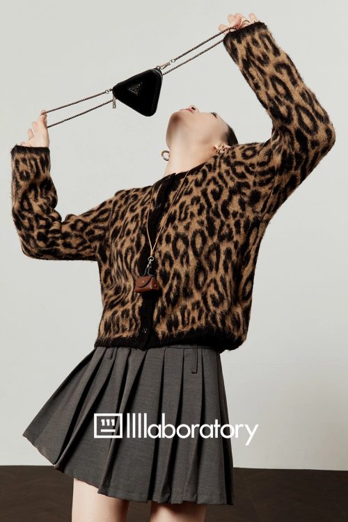 Leopard Round Neck Knit Cardigan / Pleated Skirt