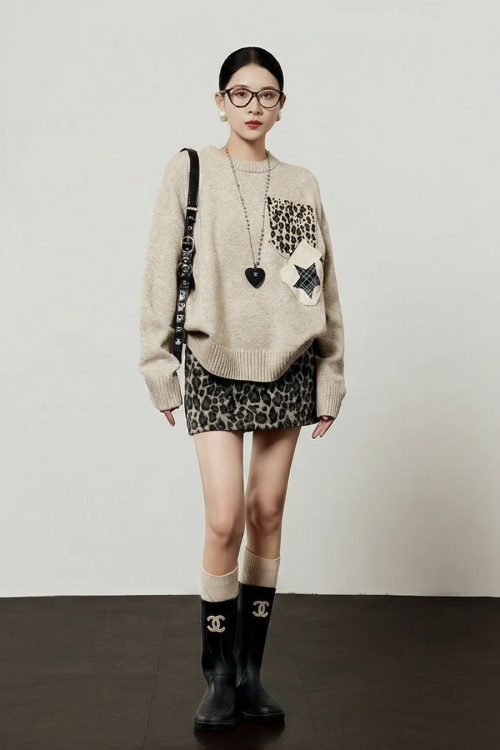 Leopard Round Neck Knit / Leopard Mini Skirt